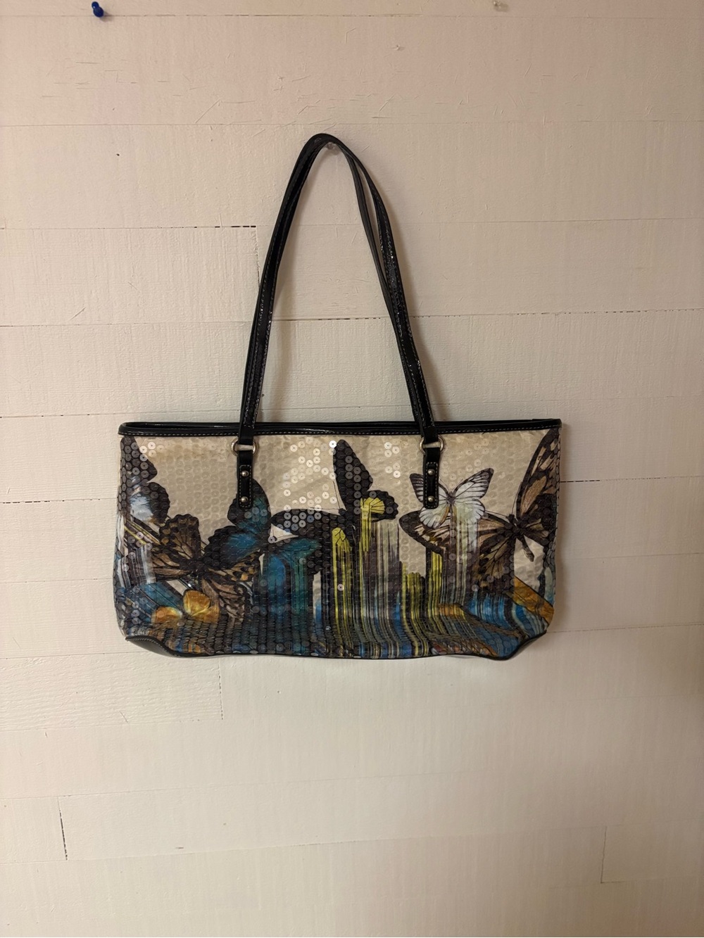 Nine West Butterfly Sequin Graphic Tote Bag Black Patent Shopper